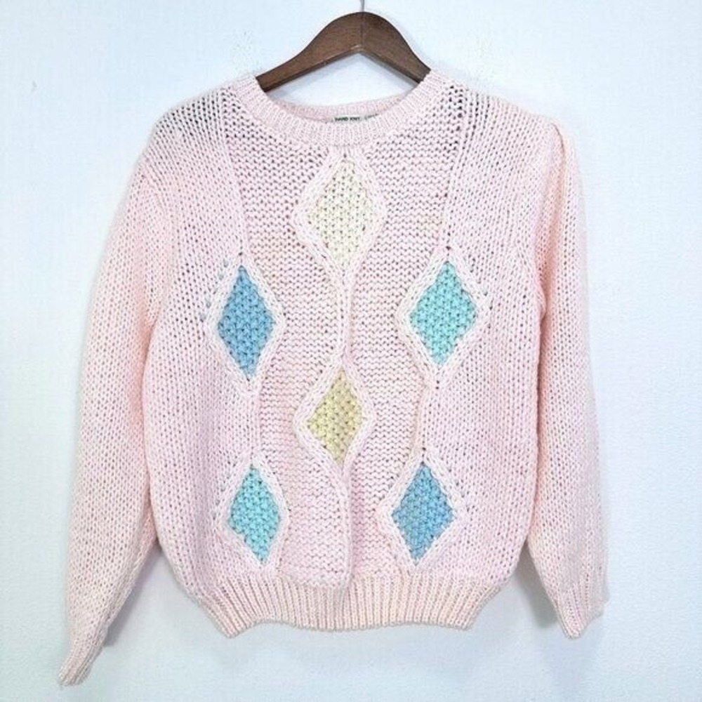 Vintage Pastel Hand Knit Pink Grannycore Cottagecore Argyle Crewneck Sweater